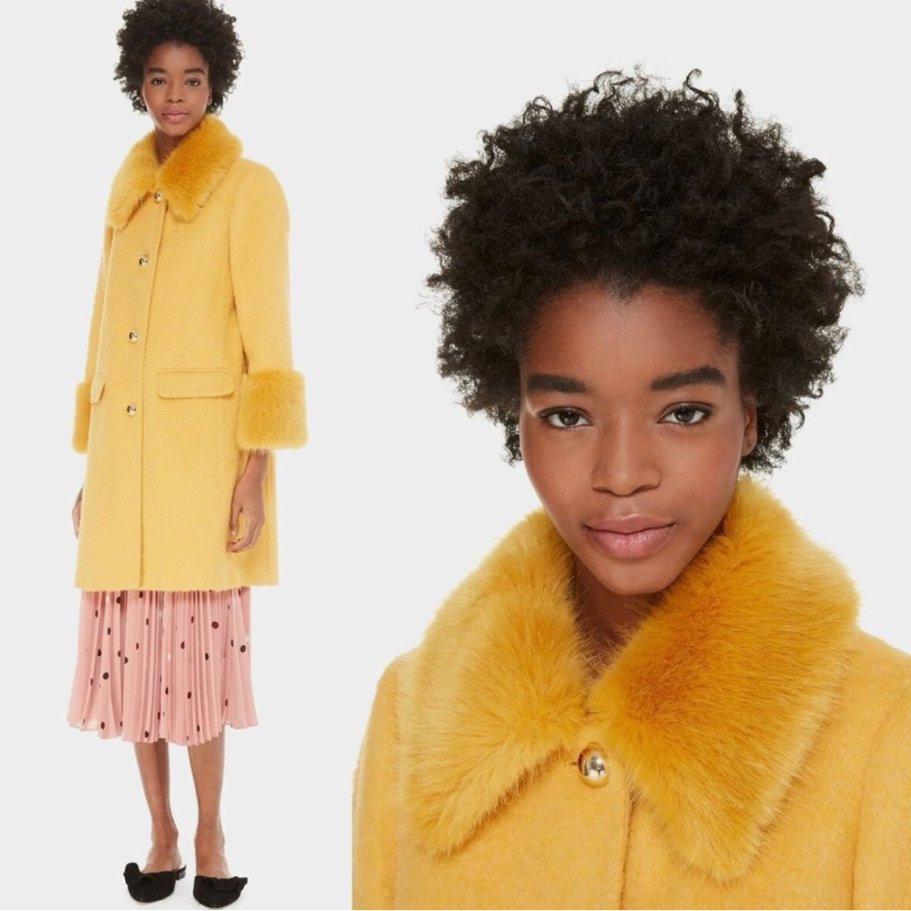 Kate Spade Yellow Faux Fur Trim Coat Women’s Size 0 NWOT With Pockets colorful